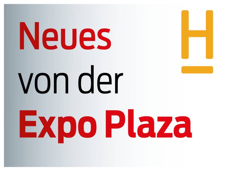 Schriftzug Neues von der Expo Plaza. Rechts im Bild das Logo der Hochschule Hannover – ein unterstrichenes großes H.